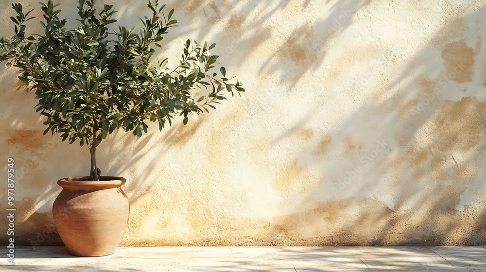 Aufkleber olive tree shadow on beige rustic wall with clay pot summer mediterranean traditional home architect