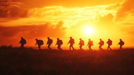 Fototapeta premium A group of soldiers in silhouette walking across a field with a setting sun casting a golden glow.