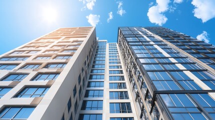 Obraz premium Modern Glass and Concrete Office Building Architecture with Blue Sky