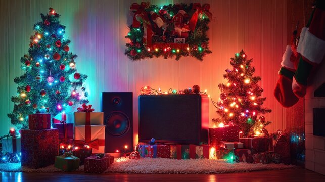 Joyful Holiday Gathering with Festive Gifts, Colorful Lights, and Cheerful Speaker