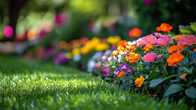 garden background colorful flowers blooming in spring beautiful flower garden view : Generative AI