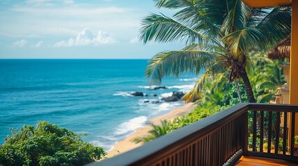 Fototapeta premium Ocean and palm trees view from balcony Tropical luxury resort : Generative AI