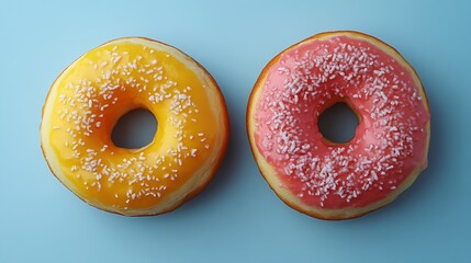 Healthy and unhealthy food Flat layer Two color background Pink donuts on yellow juicy grapefruit on pastel blue cut into half : Generative AI