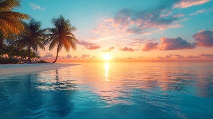Amazing wide panorama of tropical Maldives island during beautiful sunrise Exotic beach background with blue turquoise lagoon and palm trees Luxurious holiday and romantic honeymoon de : Generative AI