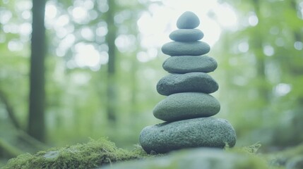 Obraz premium Zen stones are carefully balanced on top of each other, surrounded by a tranquil forest and dappled sunlight filtering through the trees