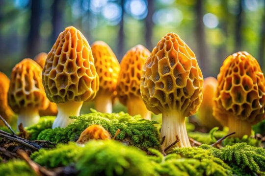 Delicate, honeycomb-patterned false morel mushrooms grow in clusters on a moss-covered forest floor, their vibrant yellow and orange caps glistening in the dappled light.