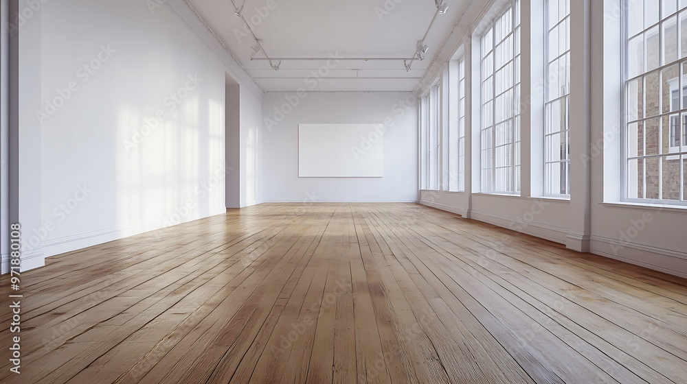 Poster an empty room with wooden floors and white walls there is a large window in the wall to the right : Generative AI