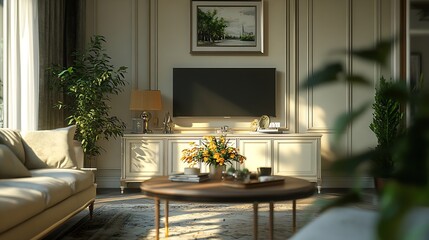 Fototapeta premium Living room with couch table and TV in an elegant house interior : Generative AI