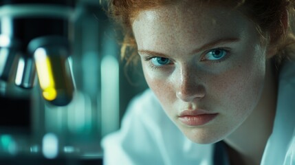 A scientist examines samples closely through a microscope in a well-equipped laboratory environment, showcasing intense concentration