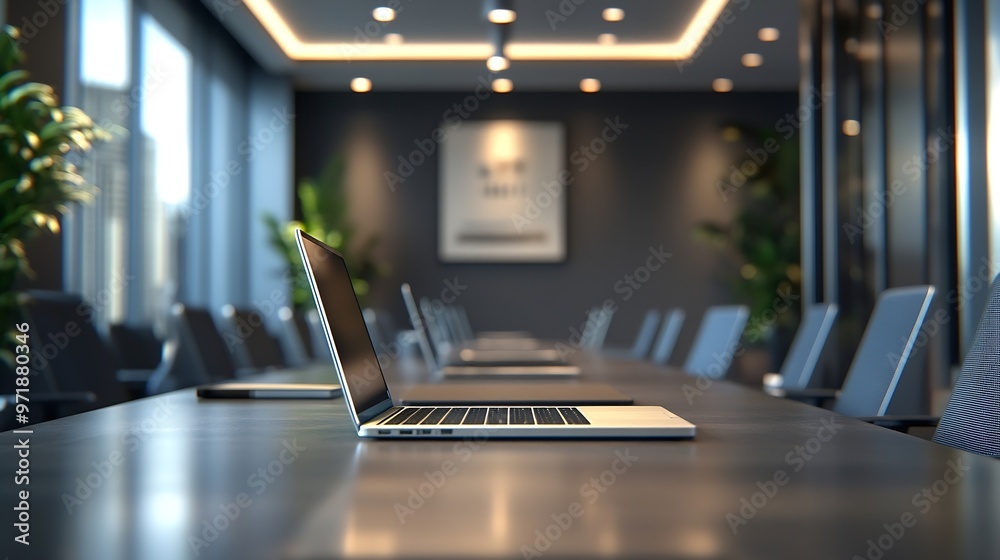Poster Empty conference room with laptops on table : Generative AI
