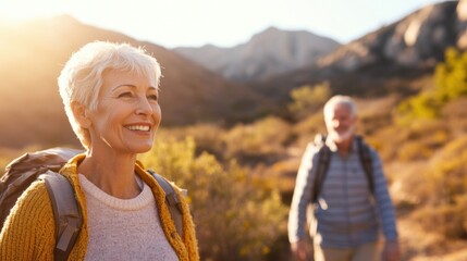 A relaxed senior couple hikes together in the mountains, surrounded by stunning natural scenery and soft evening light