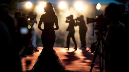 Silhouette of celebrity in black dress being photographed by paparazzi
