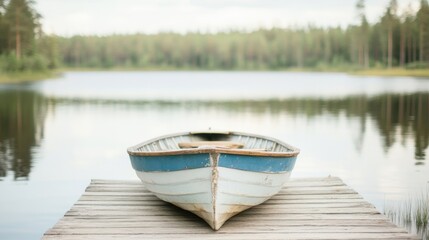 A rowboat rests gently on a wooden dock overlooking a calm lake, with tall trees reflecting in the water's surface during golden hour