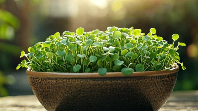 Growing vibrant microgreens in a sunny garden setting during a warm afternoon