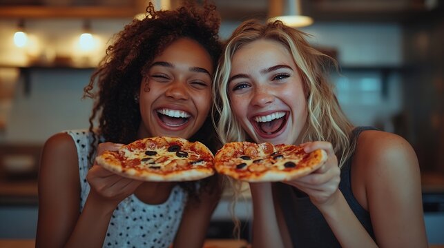 Two diverse young friends laughing together and eating pizza during a dinner together in a friends kitchen : Generative AI - Powered by Adobe