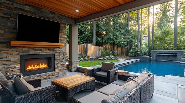 Covered Patio and Backyard Entertainment Area with Furniture Outdoor Fireplace TV and Pool : Generative AI