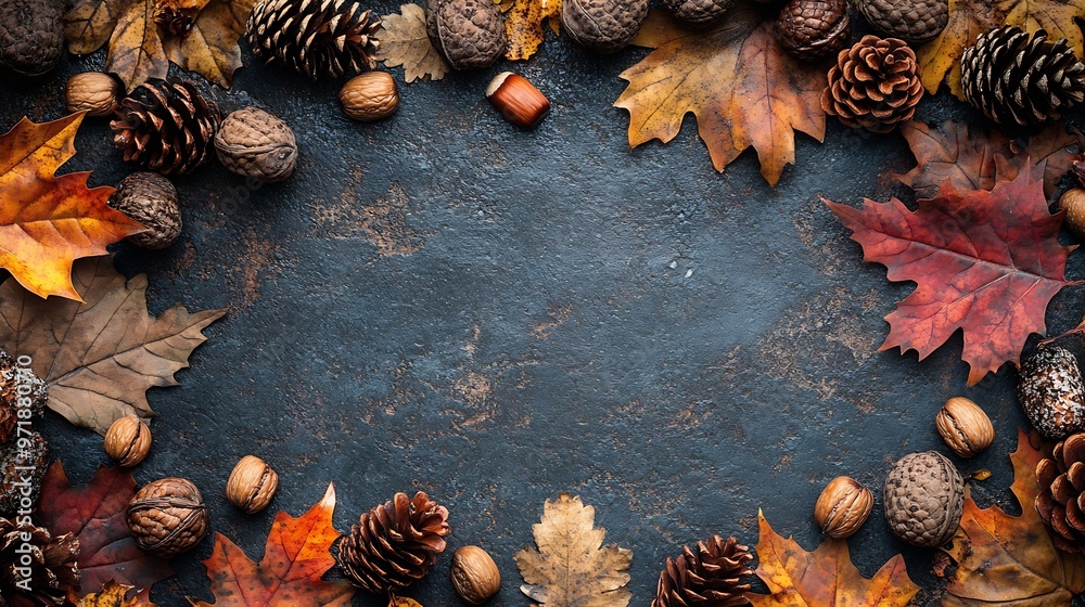 Poster Colorful fall leaves nuts and pine cones Corner border over a rustic dark banner background Overhead view with copy space : Generative AI