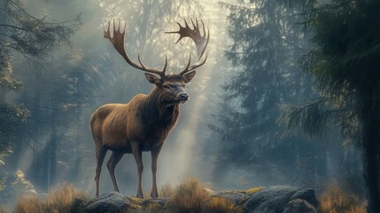 Naklejka premium A majestic stag with impressive antlers standing proudly in a misty forest, its regal stance and antlers creating a powerful image.