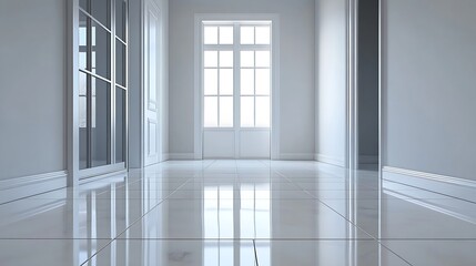 Obraz premium an empty room with white tile flooring and large open door leading to the bathroom area in this apartment building : Generative AI