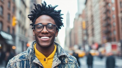 Fototapeta premium A young man with glasses beams with joy on a busy urban street, surrounded by tall buildings and city life during the day
