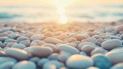 Fototapeta premium The soft waves lap gently at the shore, illuminating smooth pebbles as the sun sets, creating a serene beach atmosphere