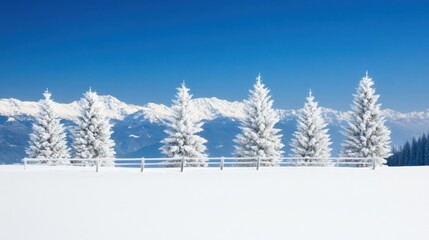 Tall, snow-covered pine trees create a serene winter landscape with majestic mountain views and a bright blue sky overhead