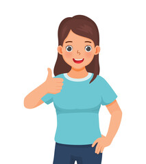 Young woman giving thumbs up and positive feedback approval looking confident smiling expression