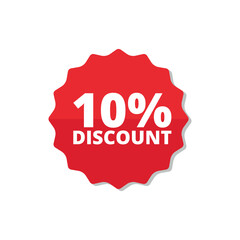 A red promotional badge with 