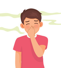 young man cover his nose smell something stinky and disgusting