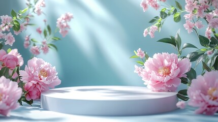 Stage for demonstrating product and business concept Minimal contemporary aesthetic Premium empty podium Beautiful floral arrangement with peony flowers elegant beauty concept selectiv : Generative AI