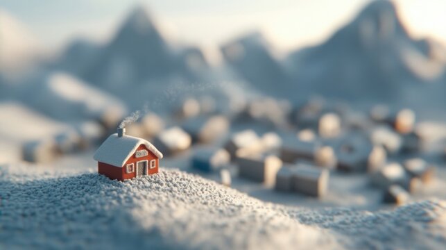 A small red house rises amid the winter landscape, with smoke curling from its chimney in a tranquil snowy village setting