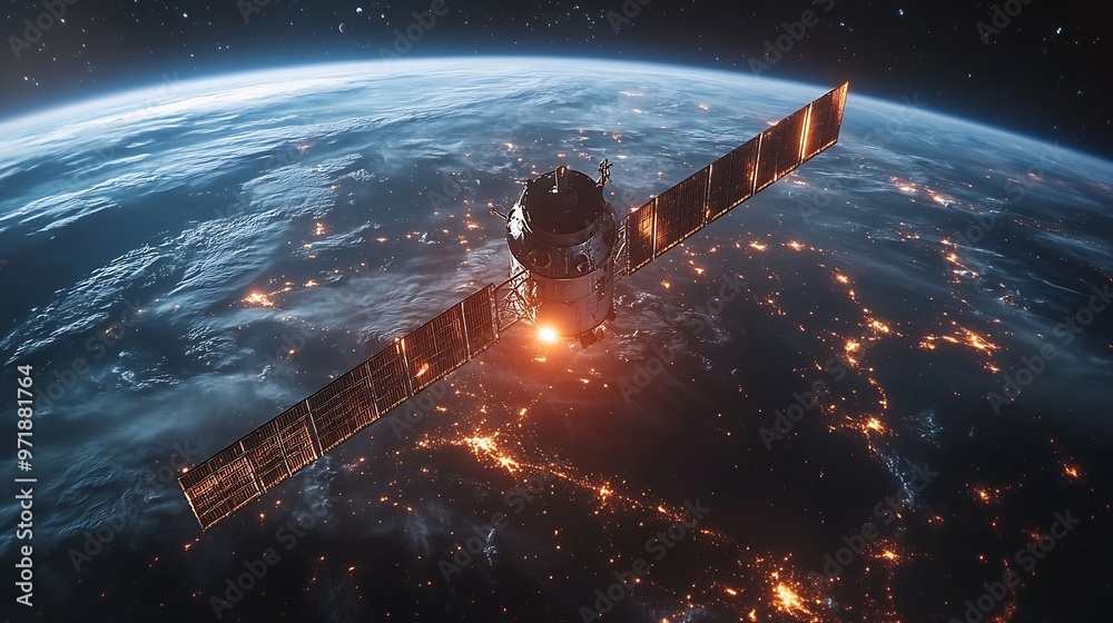 Poster Telecommunication satellite providing global internet network and high speed data communication above Europe Satellite in space low Earth orbit Worldwide communication technology : Generative AI