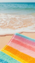 A vibrant towel rests on soft sand, kissed by gentle ocean waves under a clear blue sky, ideal for a relaxing beach day