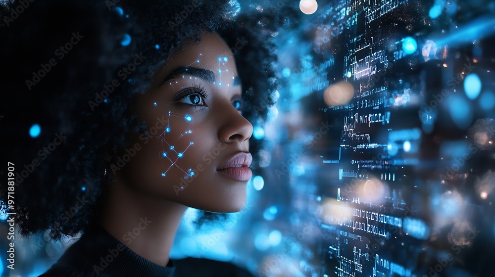 Poster World tablet and overlay with a business black woman using an ai or ux interface to access the metaverse of data Digital future and information with a global network working on a 3d ho : Generative AI