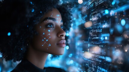 World tablet and overlay with a business black woman using an ai or ux interface to access the metaverse of data Digital future and information with a global network working on a 3d ho : Generative AI