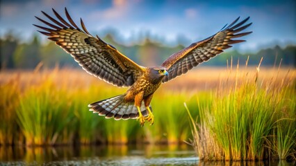 With wings outstretched, the swamp harrier glides serenely over the marshlands, its majestic form silhouetted against