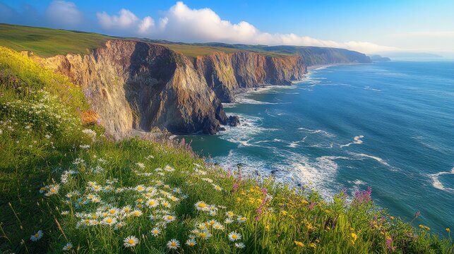 A picturesque coastal cliff with wildflowers blooming on the edge and the ocean waves crashing below, offering a beautiful and dramatic natural view