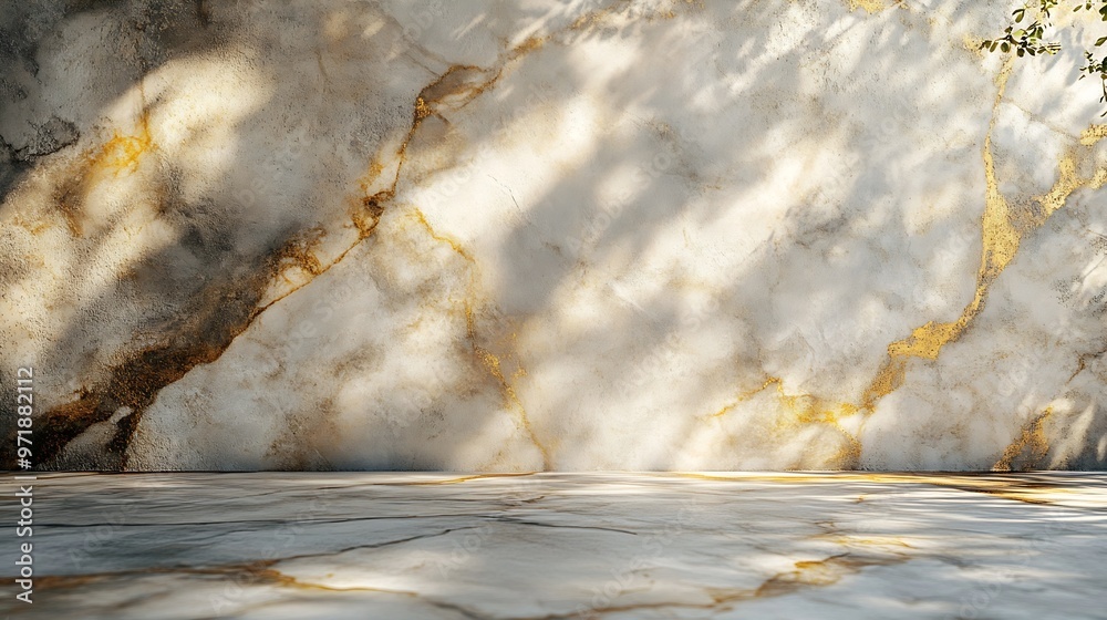 Leinwandbilder Gold Marble Table with Nature Shadow on Concrete Wall Texture Background Suitable for Cosmetic Product Presentation Backdrop Display and Mock up : Generative AI