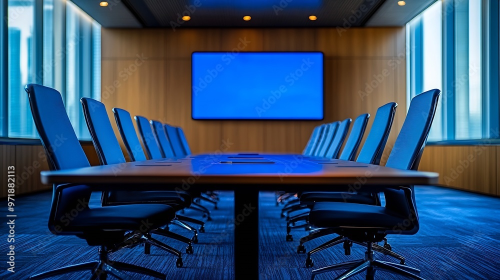 Poster New board room with table chairs and LCD display on wall : Generative AI