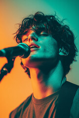 a handsome young man singing into a microphone, a portrait