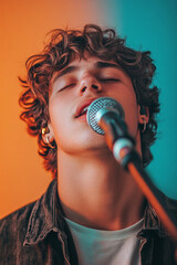a handsome young man singing into a microphone, a portrait