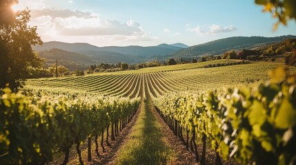 Fototapeta premium A picturesque vineyard with neatly arranged grapevines and rolling hills in the background, capturing the charm and beauty of the countryside