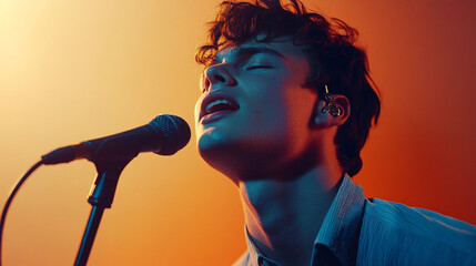 a handsome young man singing into a microphone, a portrait