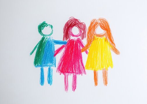 A crayon drawing depicts a diverse family of three joyfully holding hands, representing togetherness and love through vibrant colors