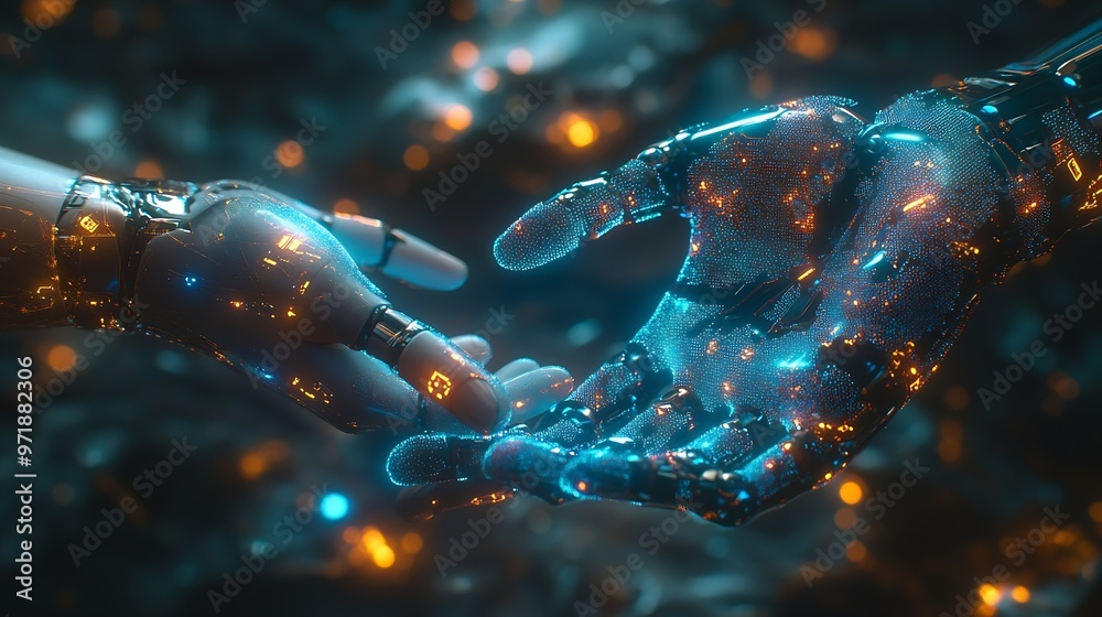 Poster hands of robot and human holding big data of global network connection cooperation between people an
