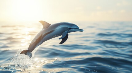 A playful dolphin leaping gracefully out of the ocean, with the sun shimmering on its sleek, wet body.