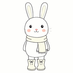 Obraz premium Adorable cartoon bunny wearing a scarf and boots on a white background with copy space 