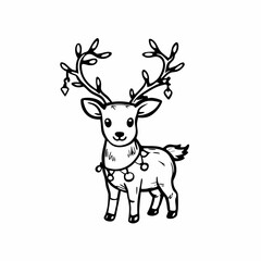 Charming reindeer with a friendly expression adorned with Christmas bells standing against a plain background