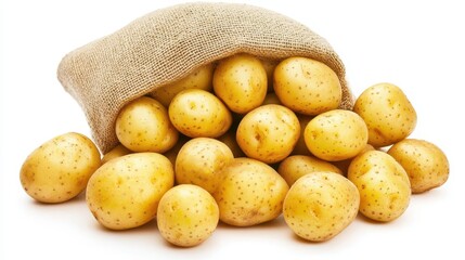 Fresh Potatoes in a Burlap Sack Isolated on White