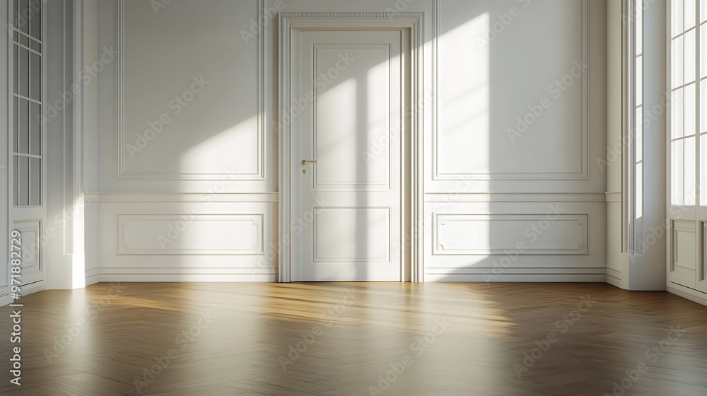 Poster an empty room with wood flooring and white walls showing the light coming through the window onto th